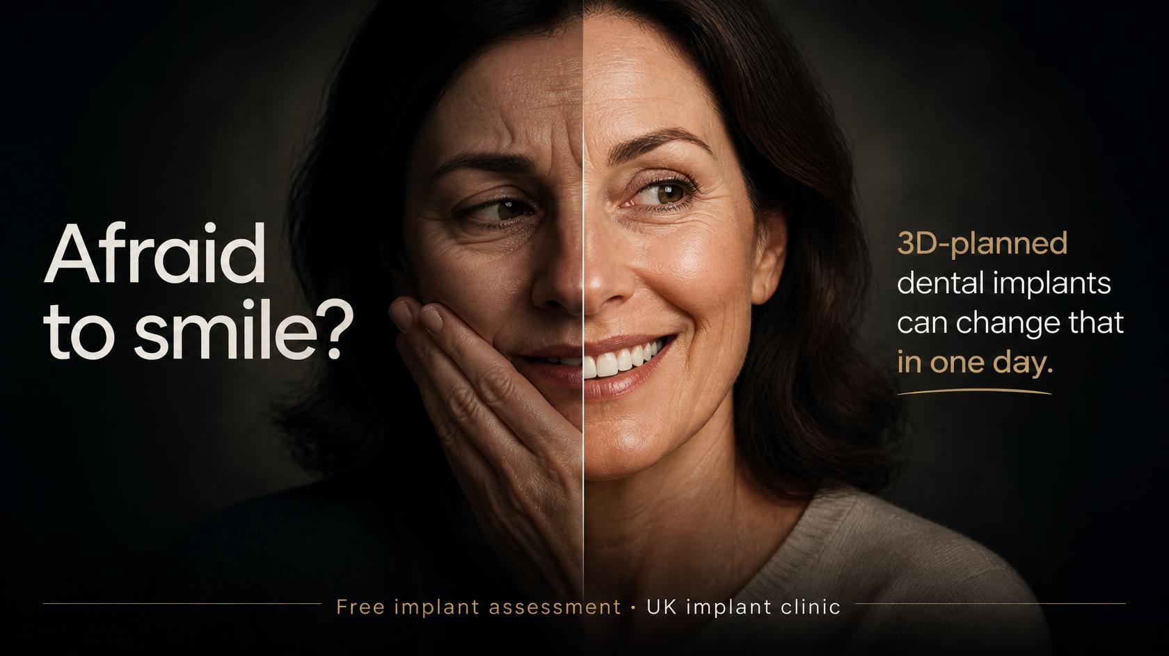 Wide advert layout with a question on the left, a portrait centred and supporting points on the right.