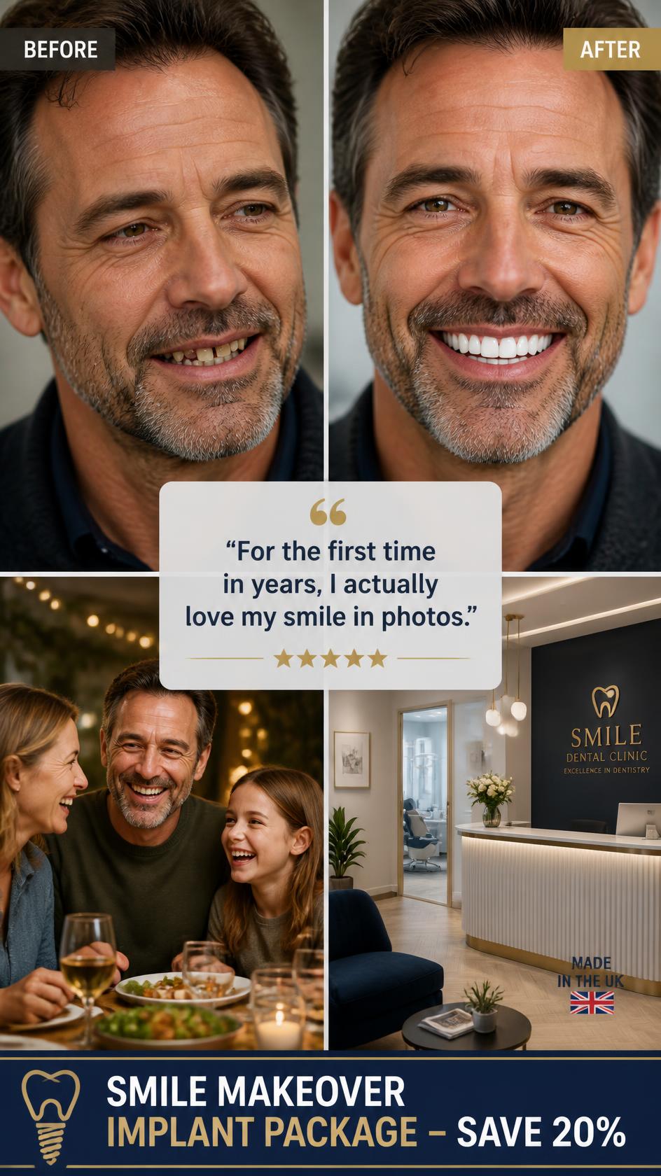 Vertical advert layout combining a four-panel grid, a quotation card and a footer offer bar.