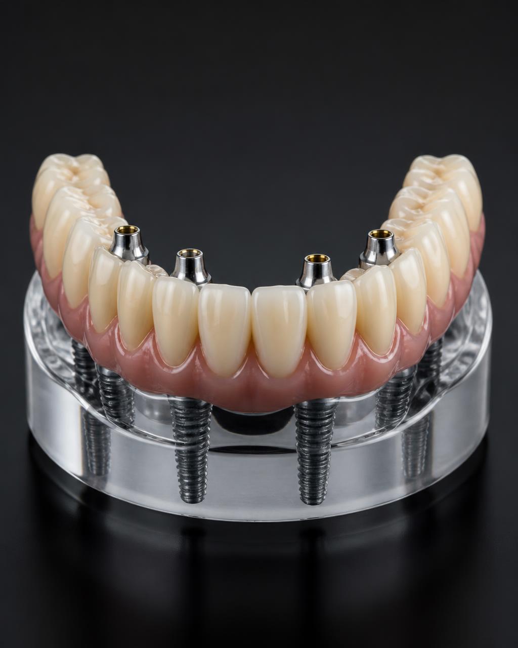 Full-arch implant model used during a treatment-planning discussion.