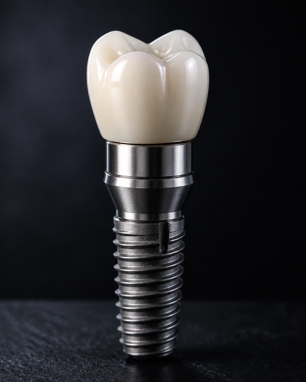 Dental implant model on a clean consultation surface beside planning notes.