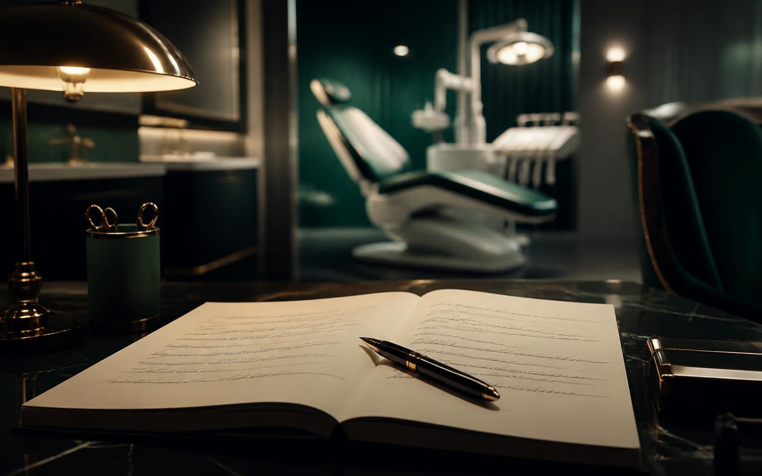 Copywriter drafting dental advertising headlines in a notebook beside a laptop showing a Meta advert preview.