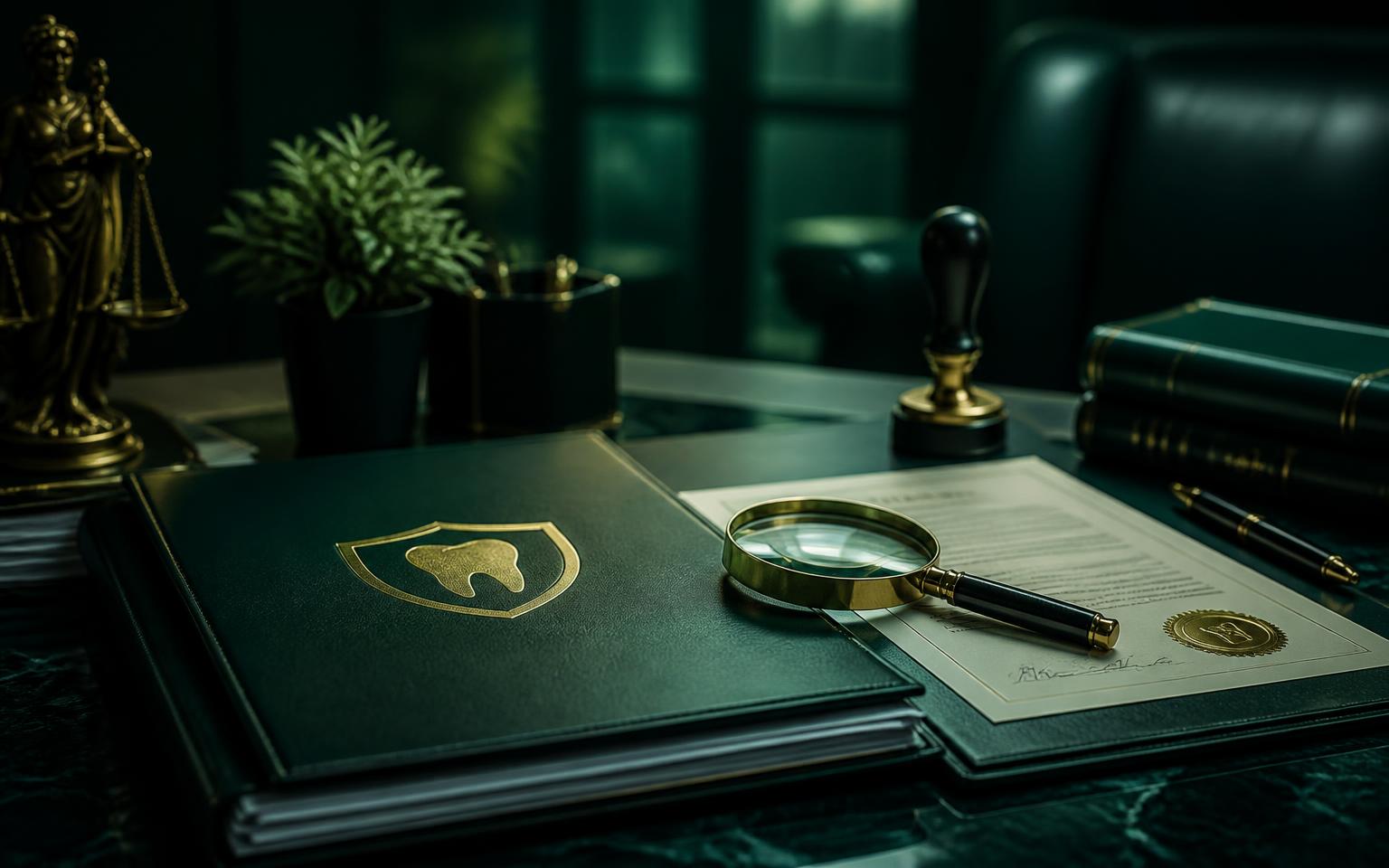 Dental practice manager reviewing an advertising compliance folder at a desk in a UK private dental clinic.