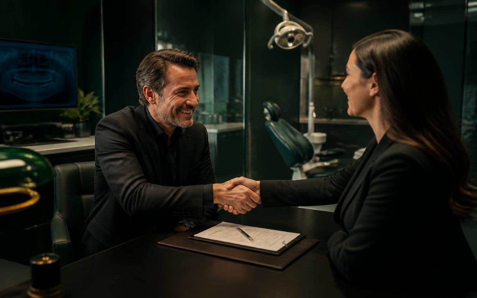 Dental practice owner comparing advertising agency proposals and reports at a meeting table.