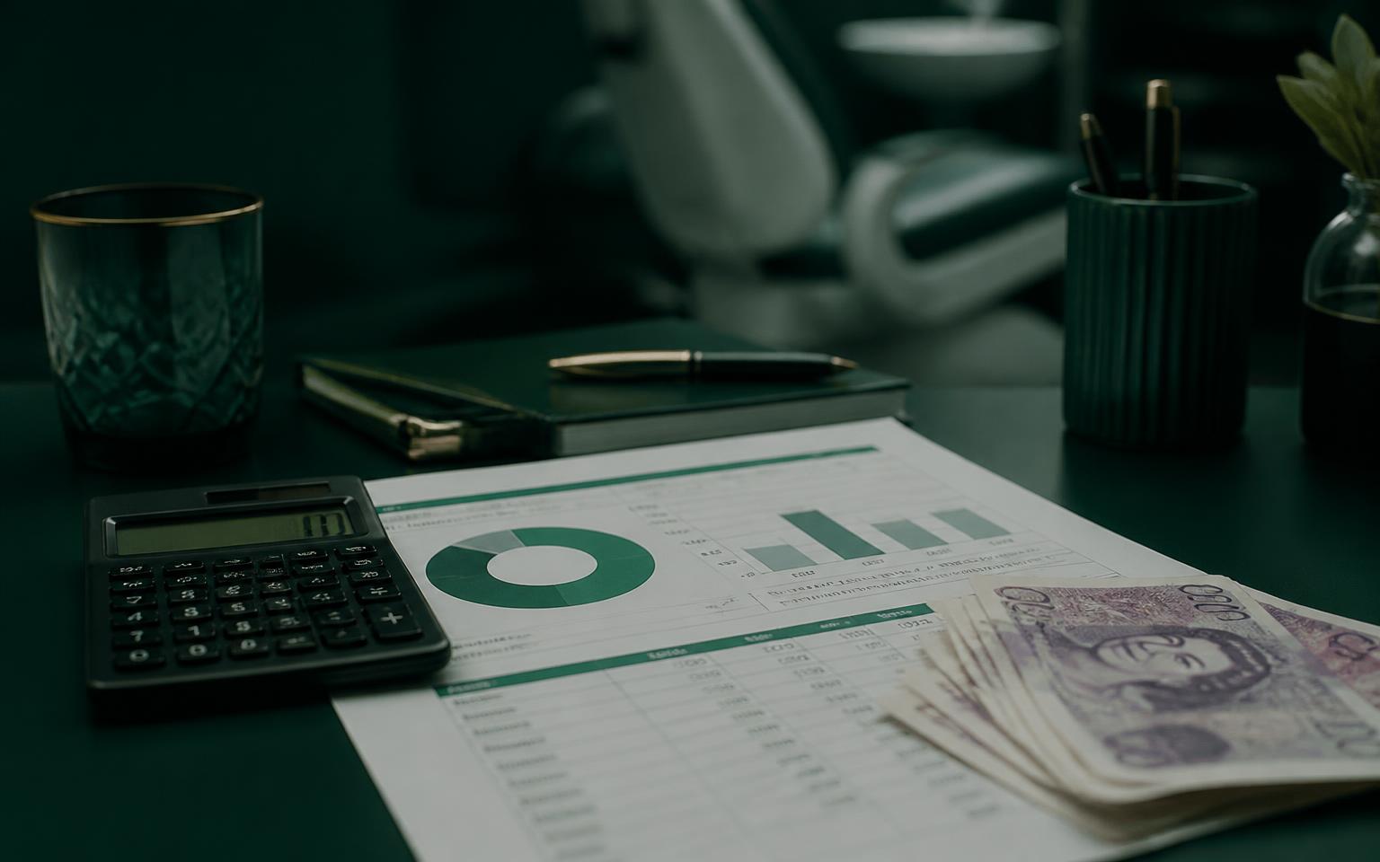 Calculator, budget spreadsheet printout and British bank notes on a dental practice office desk.