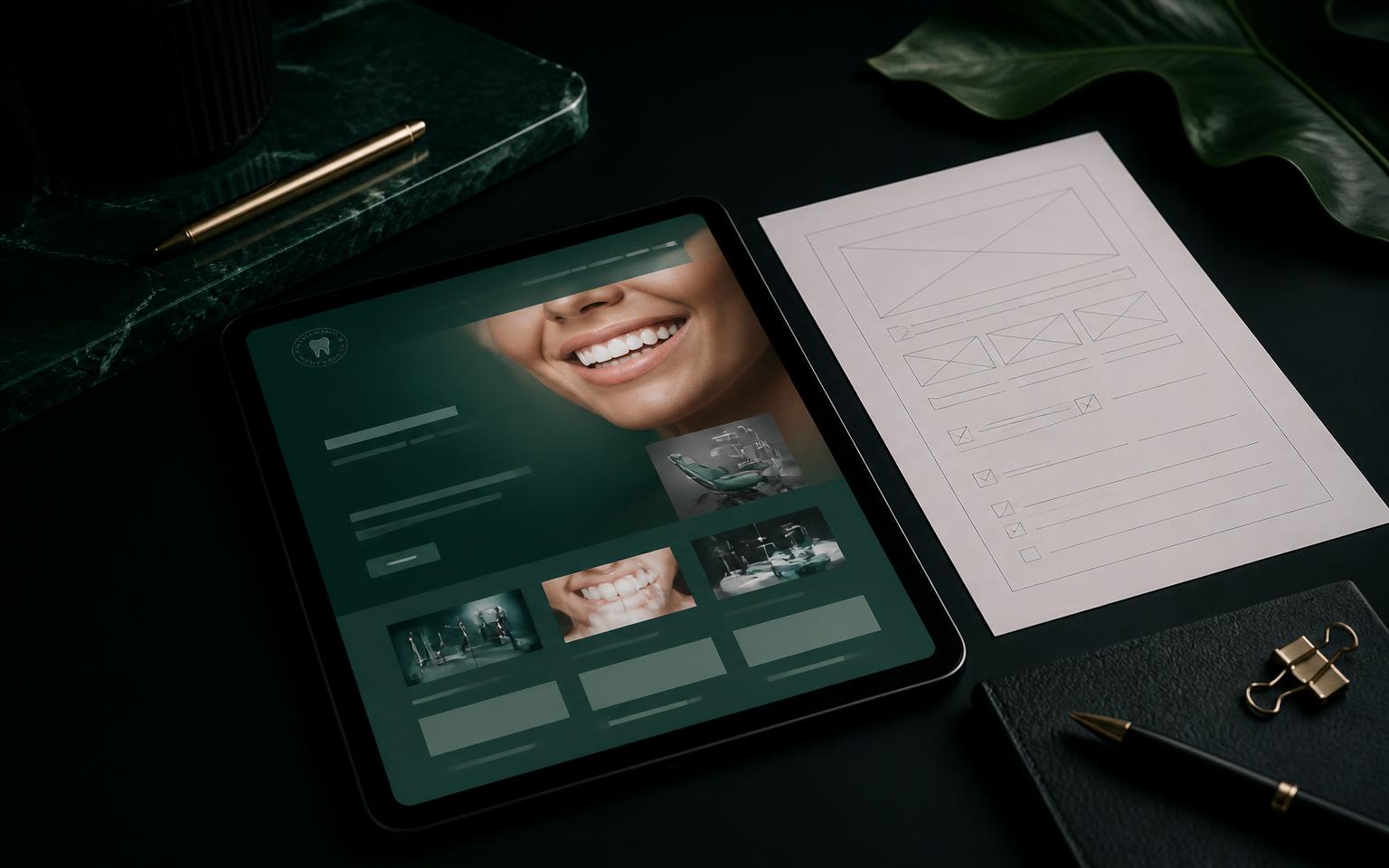 Mobile phone showing a dental implant consultation landing page beside a notepad in a UK private dental practice.