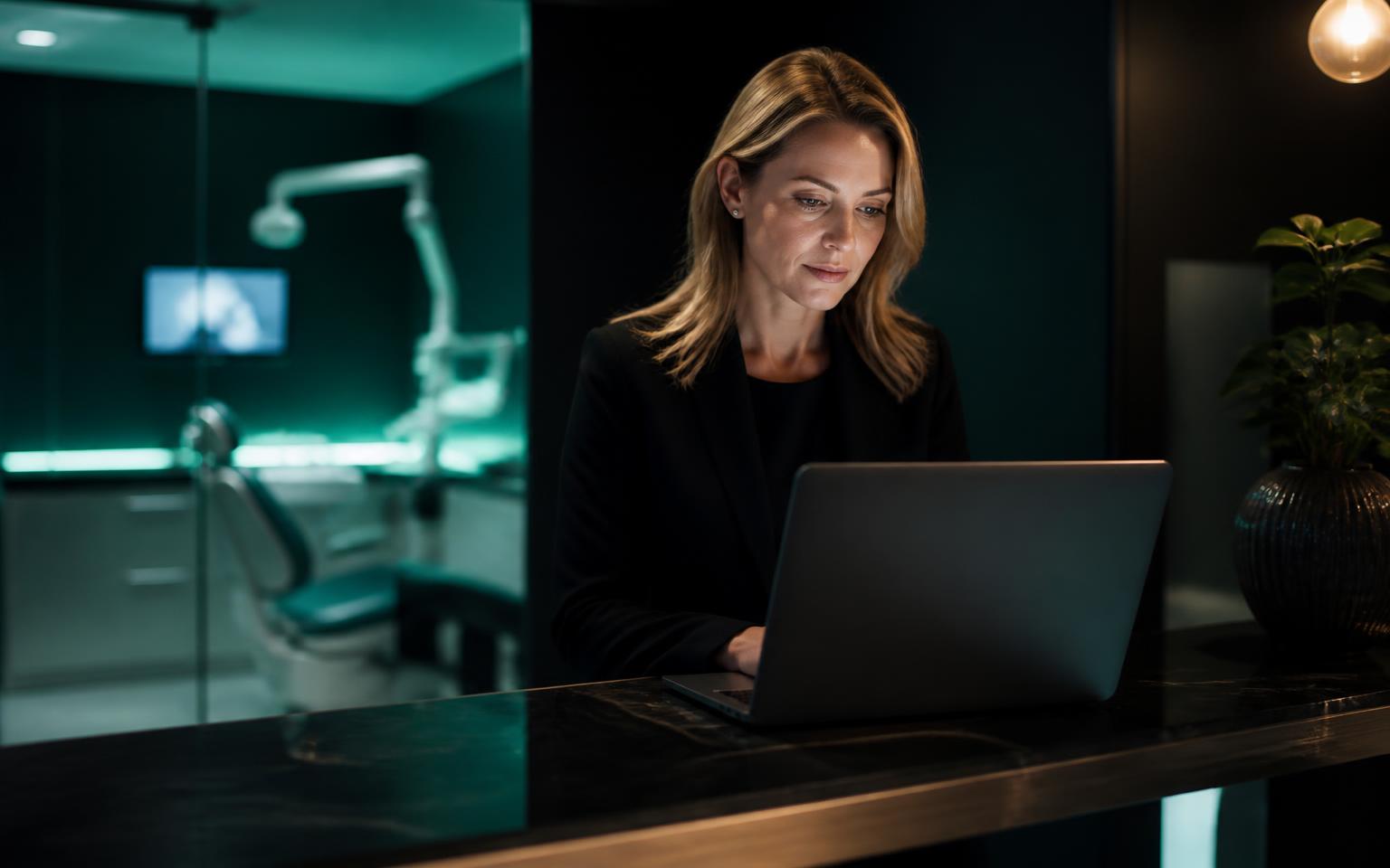 Practice manager of a UK private dental clinic reviewing a Facebook advert campaign on a laptop at the reception desk.