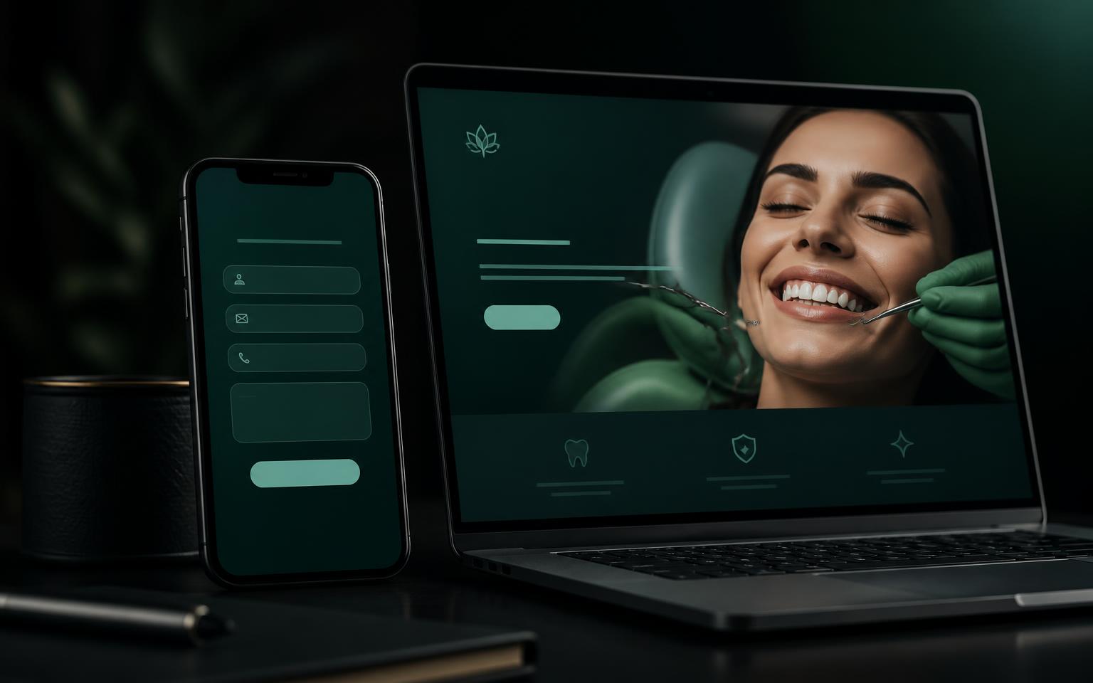 Smartphone showing a simple dental enquiry form beside a laptop displaying a dental treatment landing page.