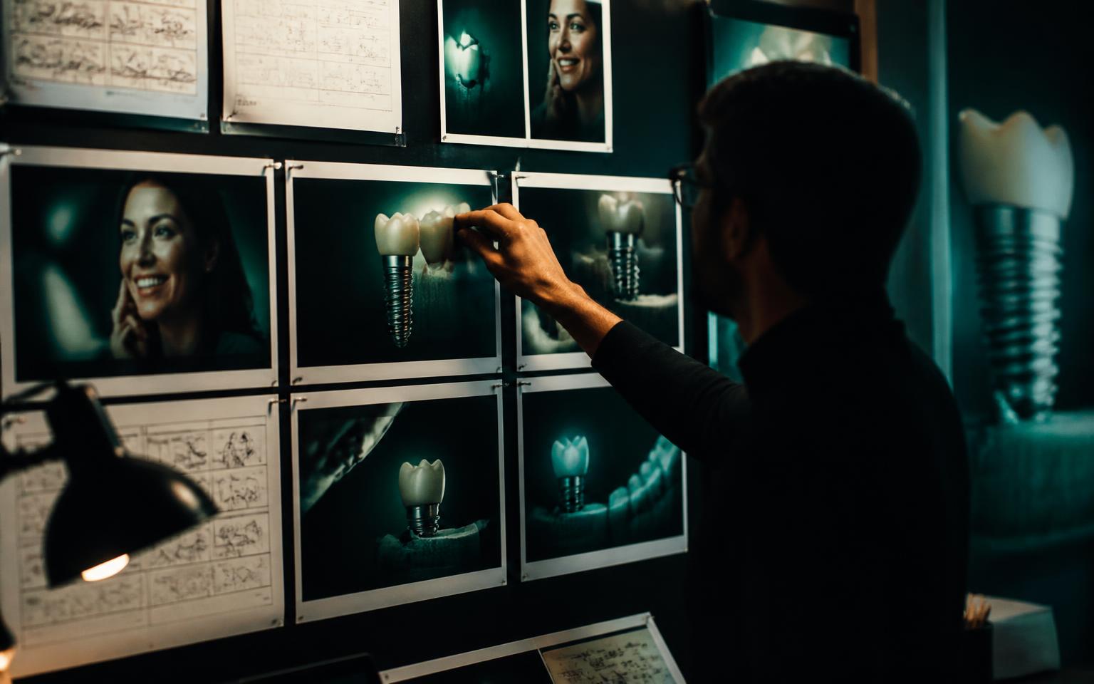 Creative director arranging printed dental implant advert concepts and storyboards on a dark studio wall.