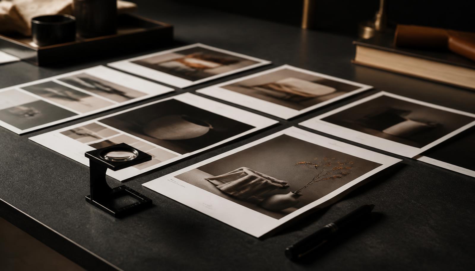 Printed advert layout proofs arranged for review on a studio table.