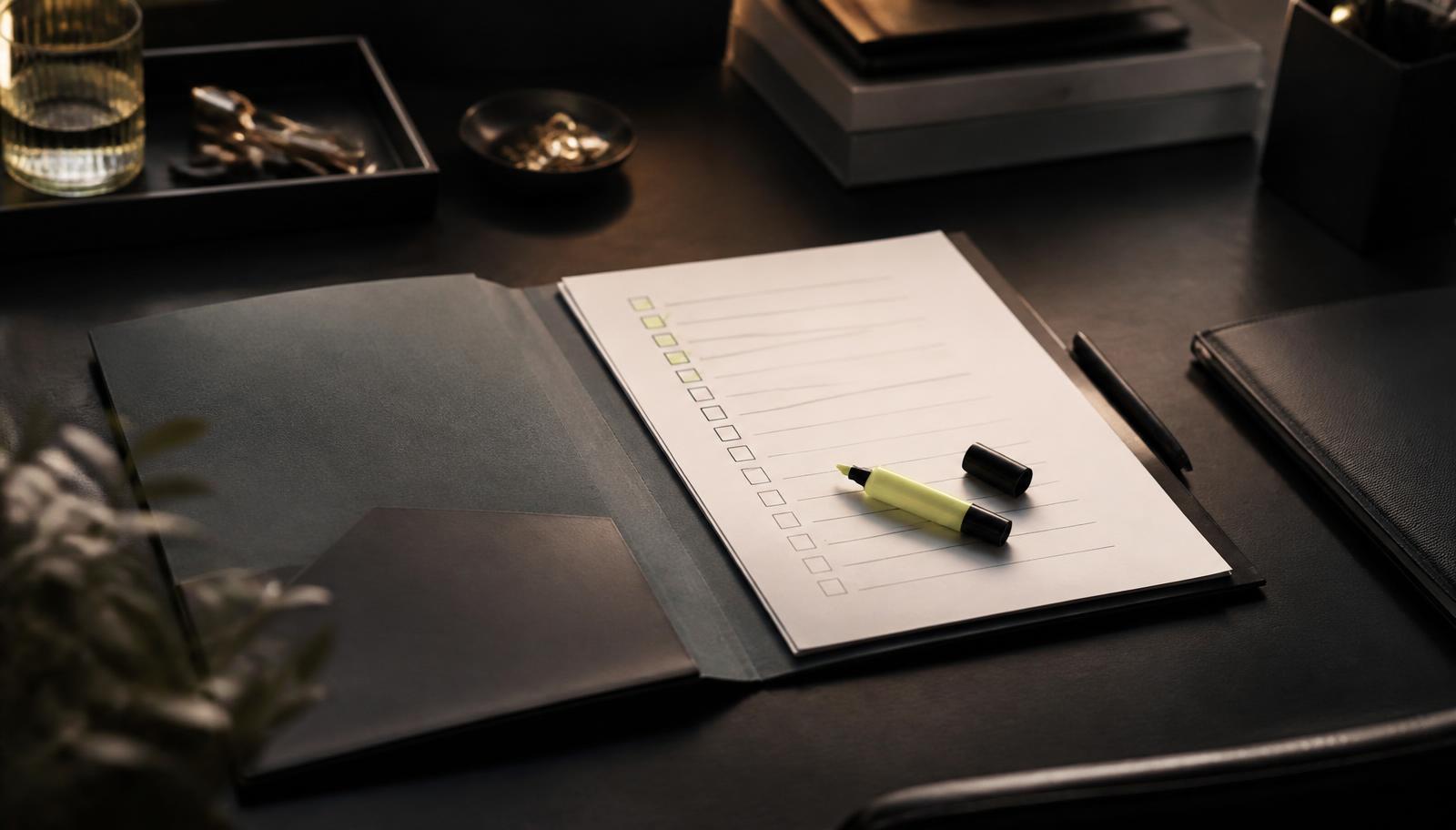 Open compliance folder with a printed checklist and highlighter on a dark desk.