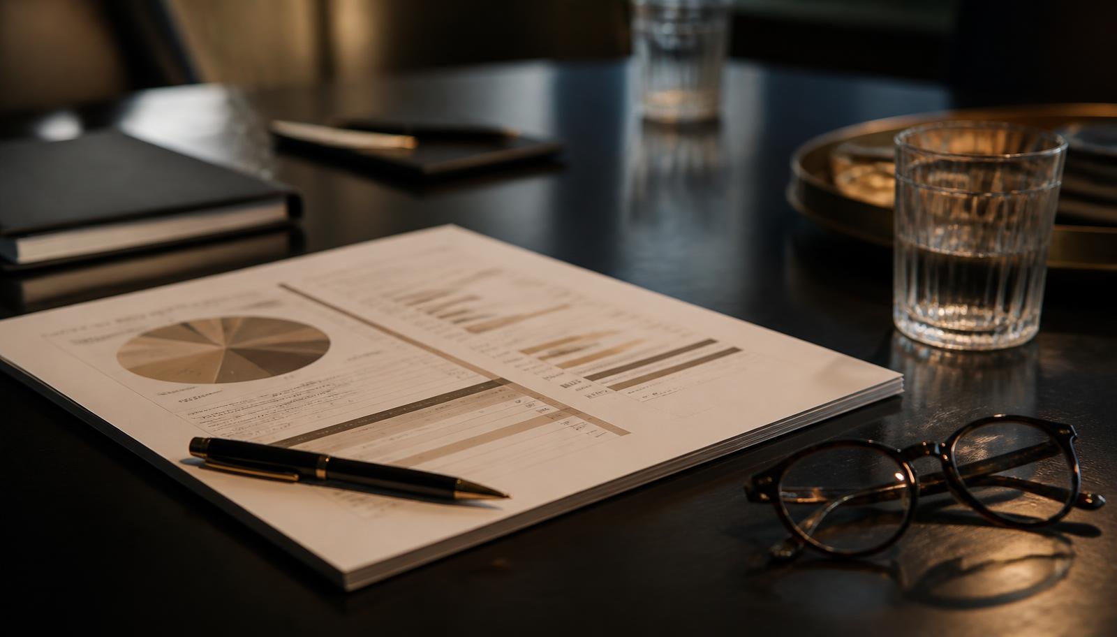Printed campaign budget document with a pen and reading glasses on a meeting table.