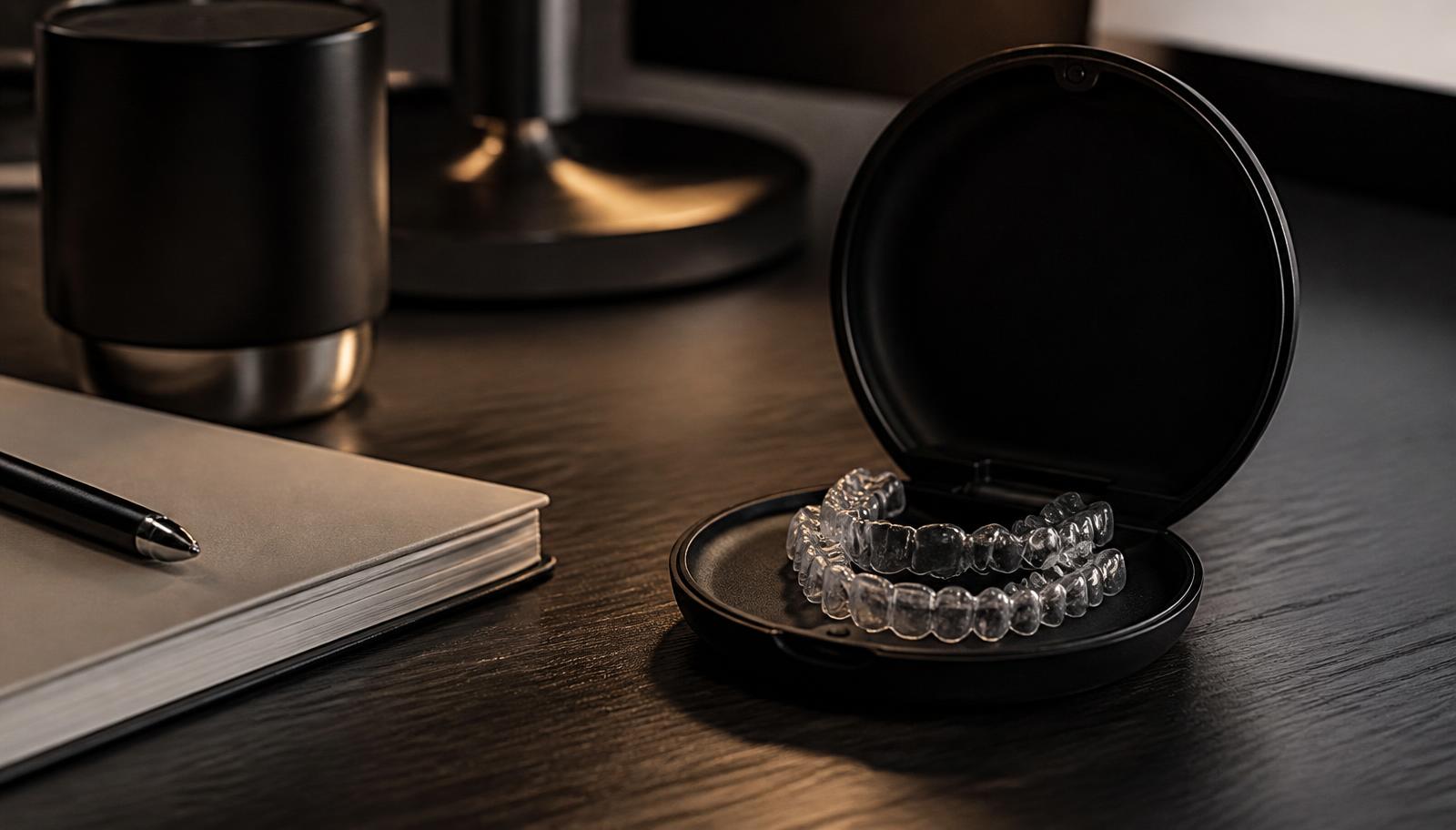Clear dental aligner in an open case on a dark consultation desk.