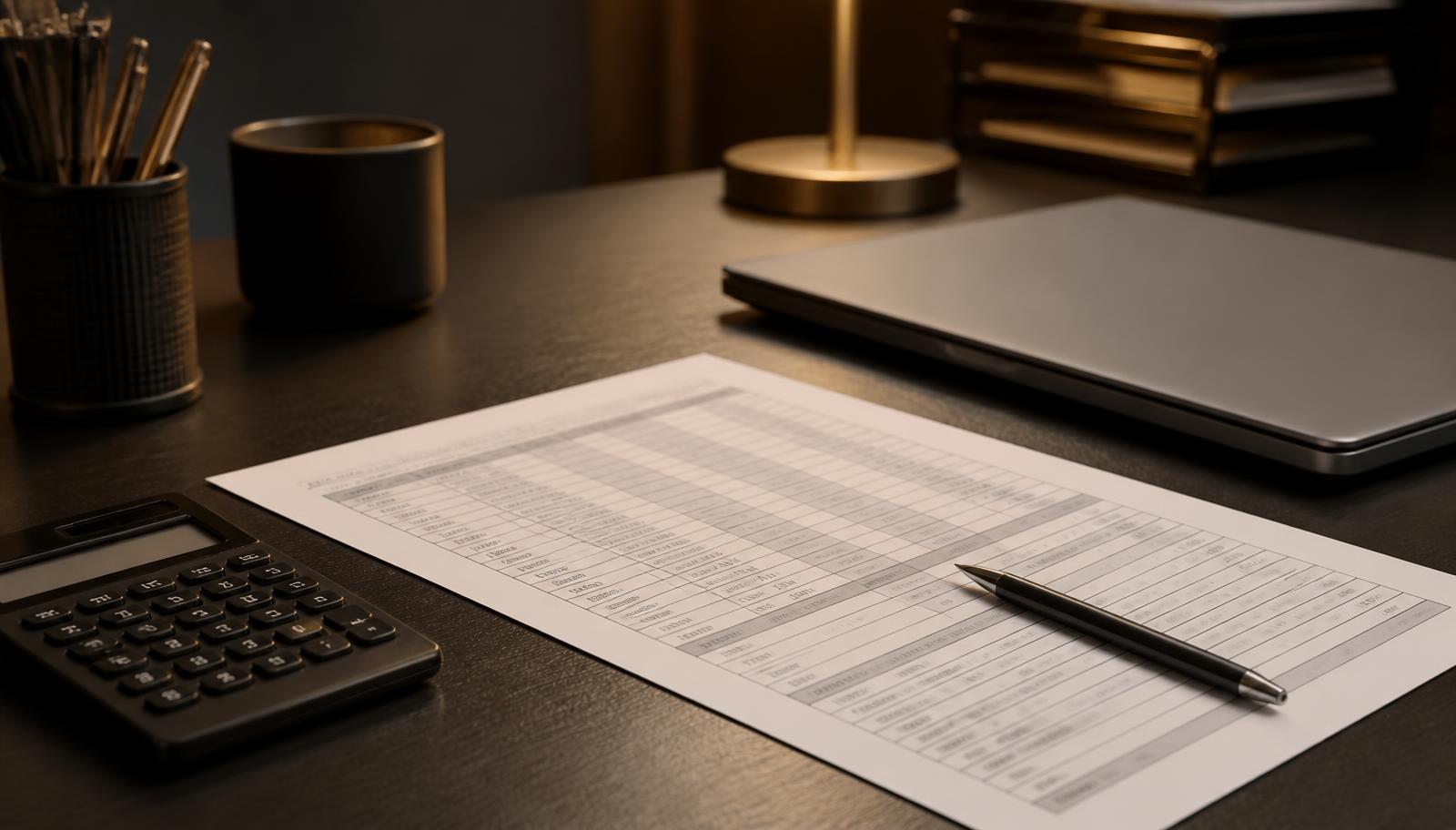 Printed enquiry tracking sheet, pen and calculator on a practice manager's desk.