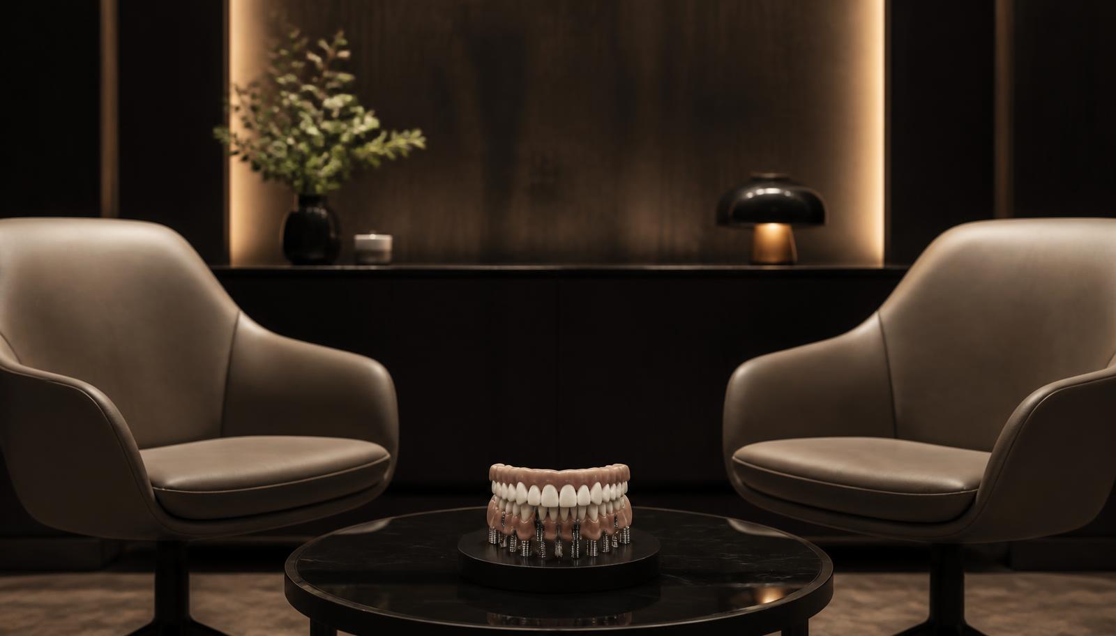 Consultation room with two chairs and a full-arch implant model on a low table.