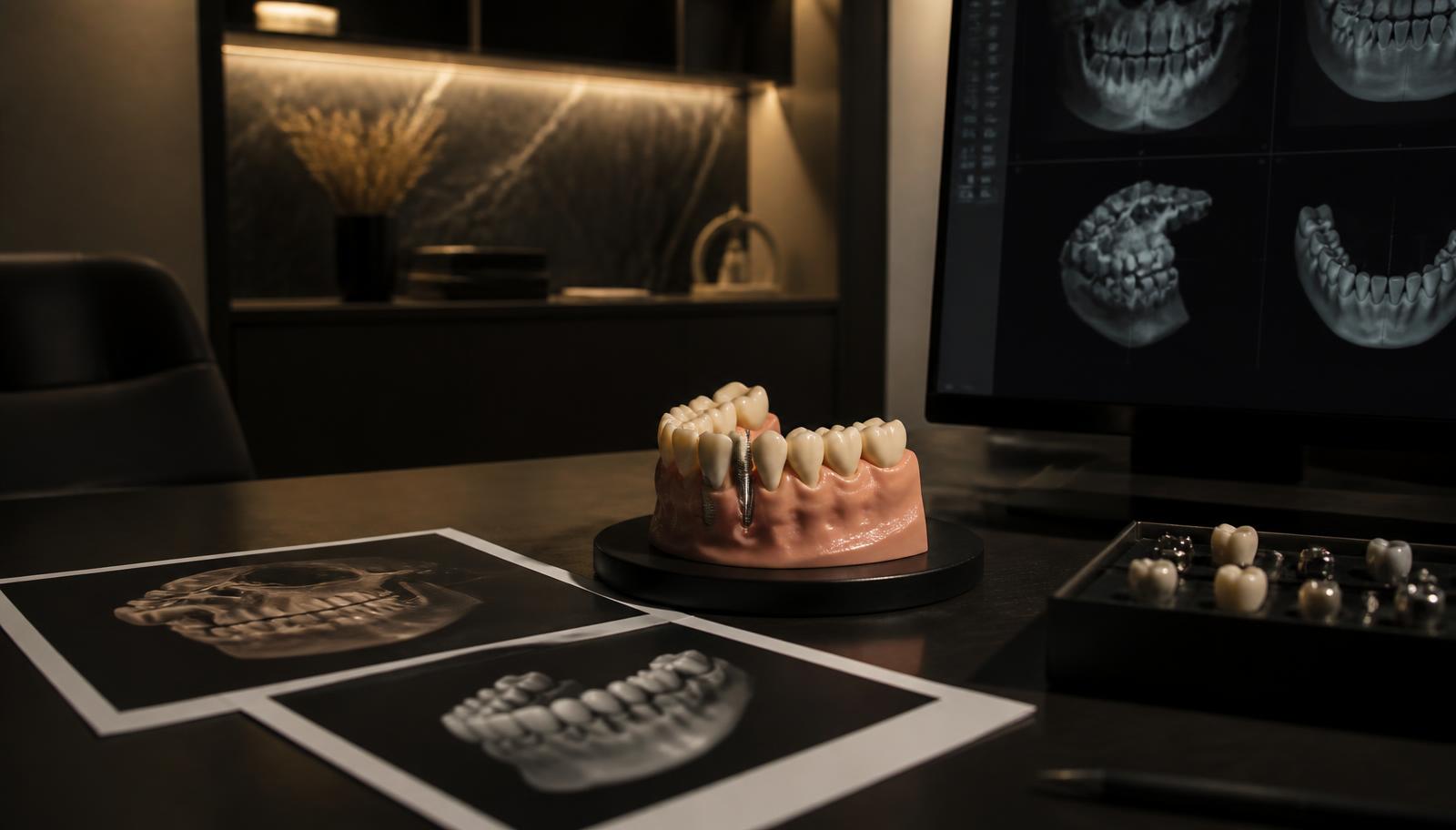 Dental implant model and scan printouts on a treatment planning desk in a UK private practice.