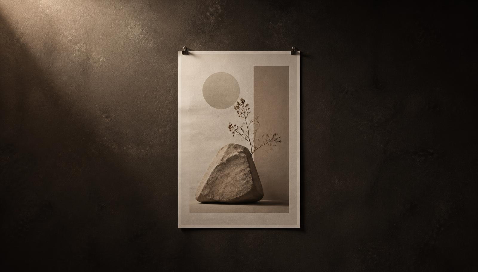 A single printed advert layout pinned to a dark studio wall with space around it.