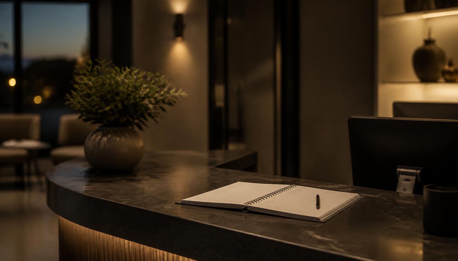 Empty dental practice reception counter at dusk with an open appointment diary.