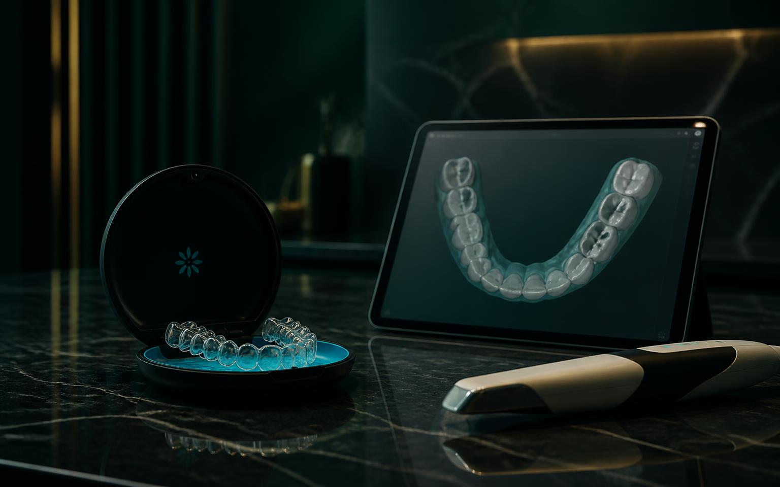 Clear aligner tray held in a gloved hand in a bright modern UK private dental practice treatment room.